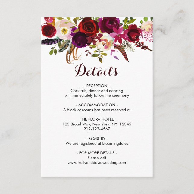 Carte D'accompagnement Informations sur les détails du mariage floral Boh (Devant)