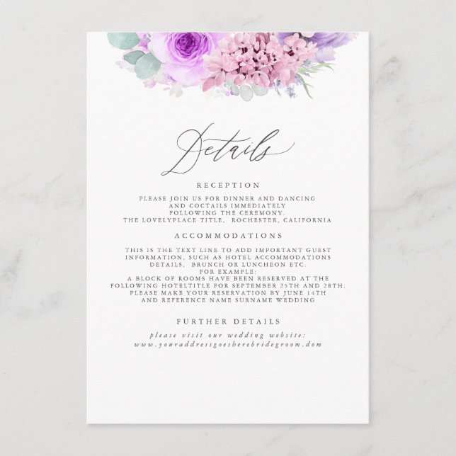 Carte D'accompagnement Informations sur les Mariages floraux rose et viol (Devant)