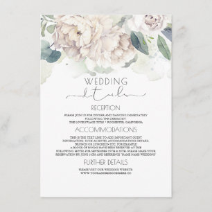 Carte D'accompagnement Informations vintages sur le Mariage Floral Blanc