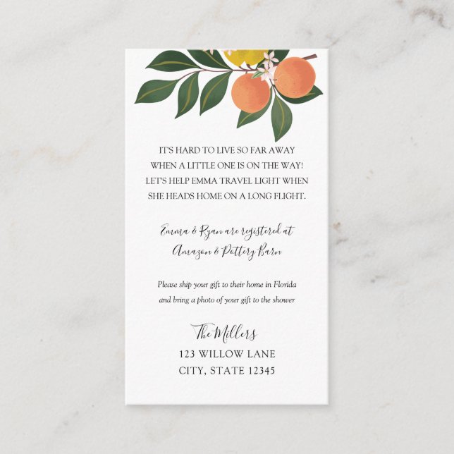 Carte D'accompagnement Infos de baby shower longue distance Citrus (Devant)