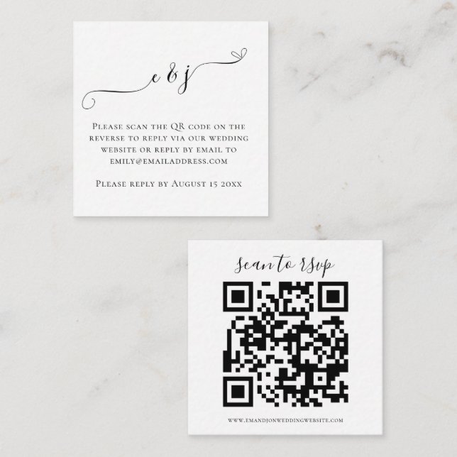 Carte D'accompagnement Initiales Script QR Code Mariage noir blanc RSVP E (Devant / Derrière)