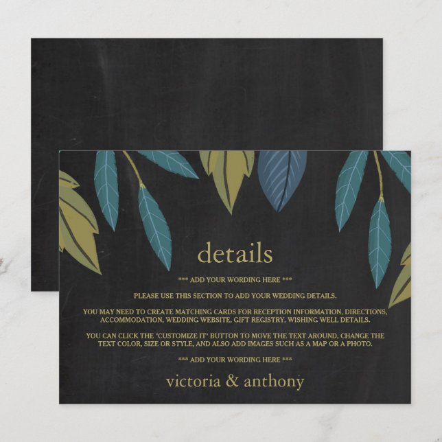 Carte D'accompagnement Insertion de détails du Mariage feuille de tableau (Devant / Derrière)