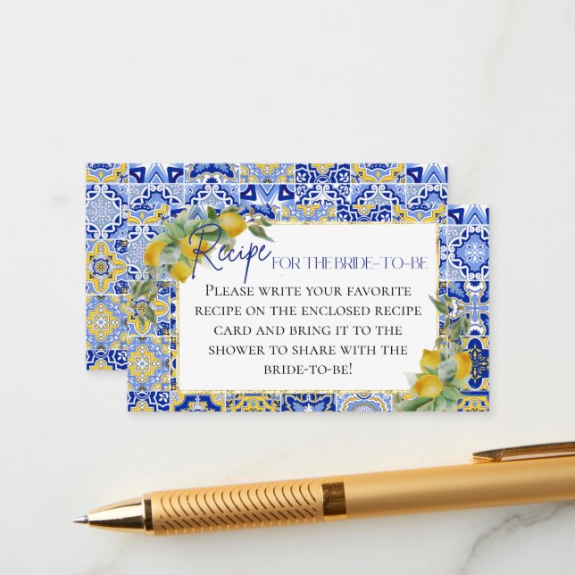 Carte D'accompagnement Italien Carreaux Bleus Lemon Bride Demande de rece (Devant/Arrière en situation)