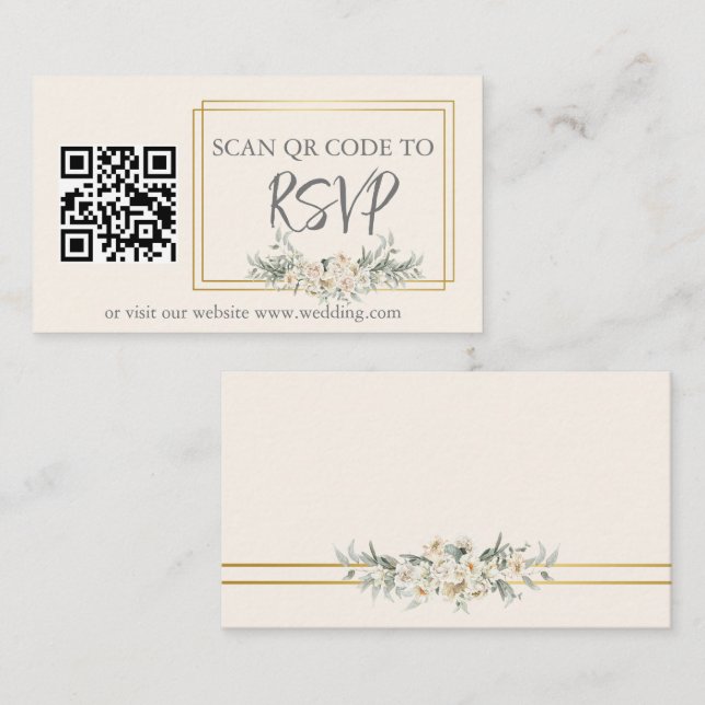 Carte D'accompagnement Ivory Gold Floral RSVP QR Code Site Mariage (Devant / Derrière)