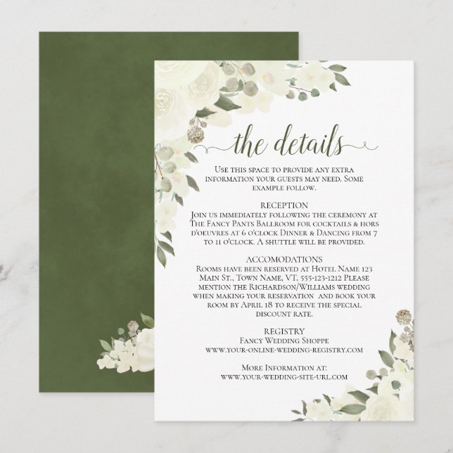 Carte D'accompagnement Ivory White Roses Rustic Boho Chic Mariage Détails (Devant / Derrière)