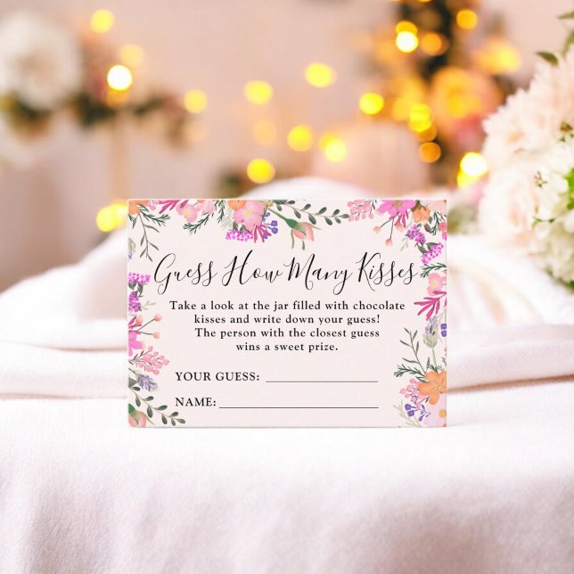 Carte D'accompagnement Jeu de devinette de baisers pour la fête de mariag (Floral Guess How Many Kisses Bridal Shower Game Enclosure Card)