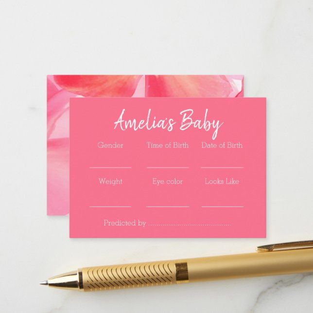 Carte D'accompagnement Jeu de prédictions de Baby shower rose (Devant/Arrière en situation)