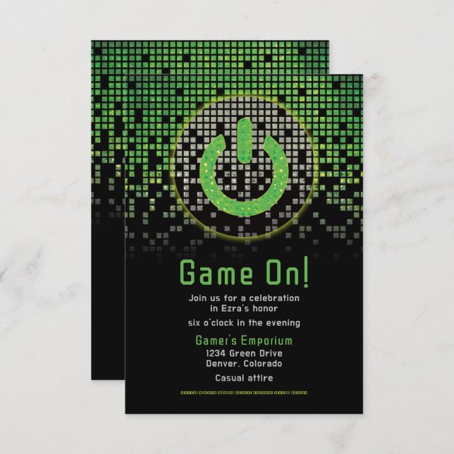 Carte D'accompagnement Jeu vidéo noir vert Gamer Bar Mitzvah (Devant / Derrière)