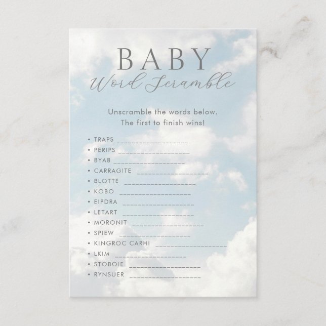 Carte D'accompagnement Jeux de Baby shower Bébé Word Scramble (Devant)