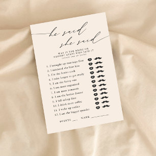 Carte D'accompagnement Jeux de fête de douche de mariée Il a dit, Elle a