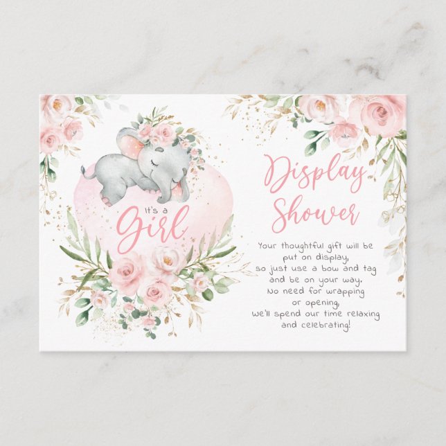 Carte D'accompagnement Joli bébé Eléphant Bleu Roses Affichage Douche (Devant)