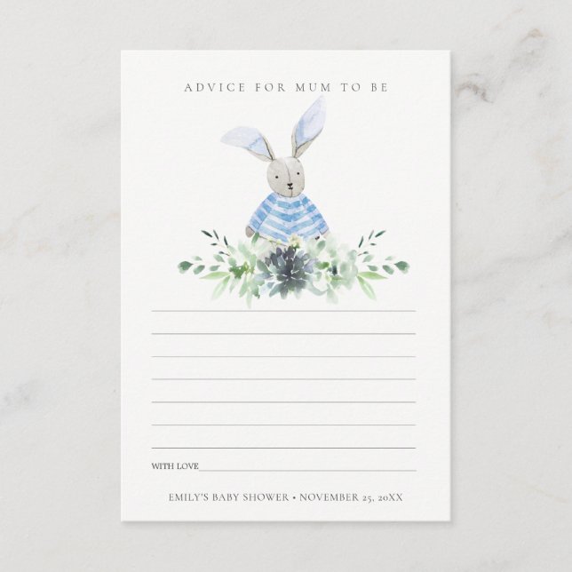 Carte D'accompagnement Joli Bleu Lapin Foliage Conseiller pour le Baby sh (Devant)