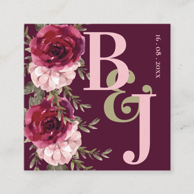 Carte D'accompagnement Joli Monogramme Bourgogne Blush rose Mariage Flora (Devant)