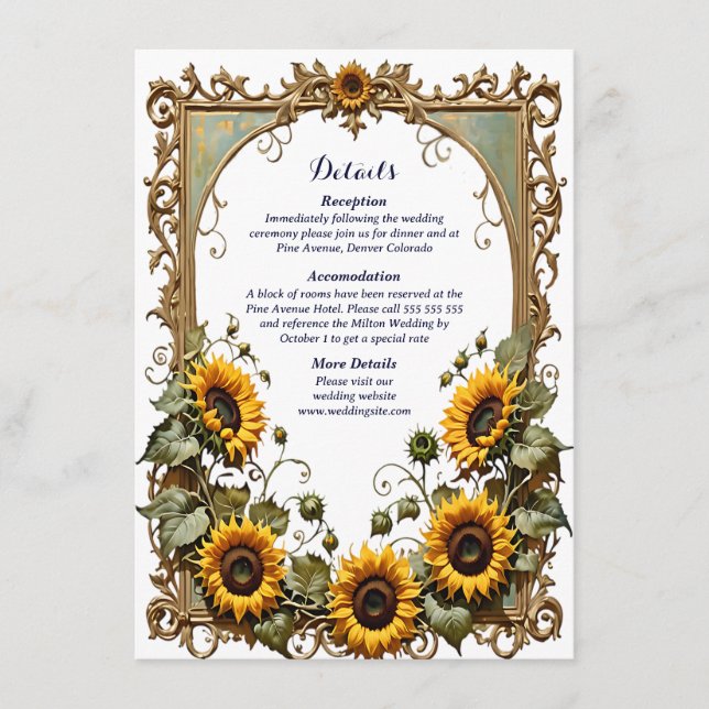Carte D'accompagnement Joli tournesol jaune avec cadre d'art mariage (Devant)
