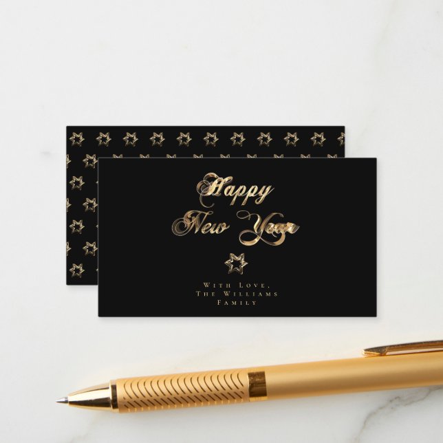 Carte D'accompagnement Joyeux Nouvel An Elégant Black et Gold Look Etoile (Devant/Arrière en situation)