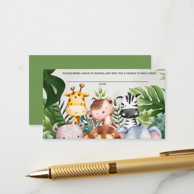Carte D'accompagnement Jungle Safari Animaux Garçons Cute Diaper Raffle (Devant/Arrière en situation)