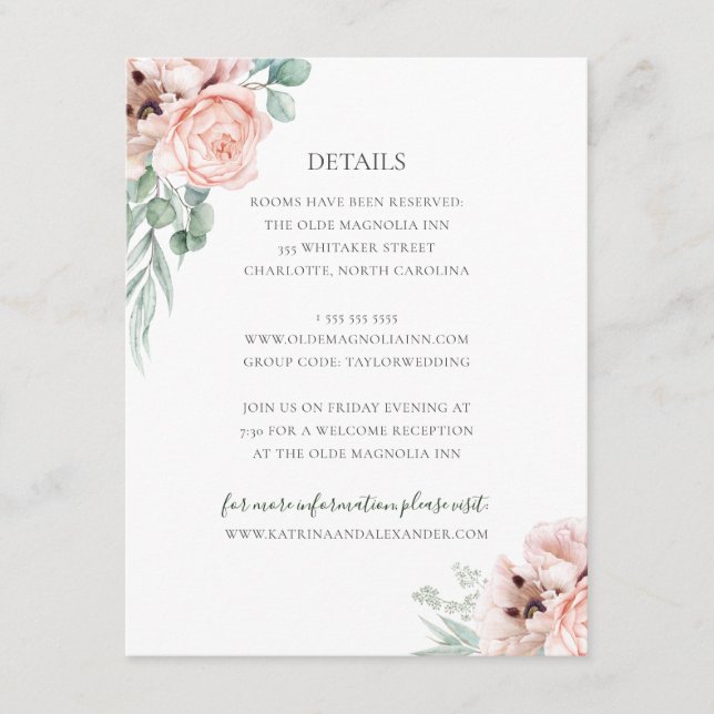 Carte D'accompagnement Katrina Pink Floral Mariage Détails sur l'invité (Devant)