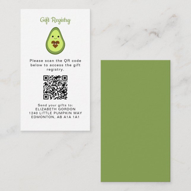 Carte D'accompagnement Kawaii Avocado Baby shower QR Code Cadeau Registre (Devant / Derrière)