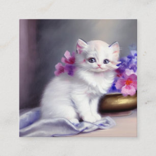 Carte D'accompagnement Kitten blanc vintage aux fleurs roses et violettes