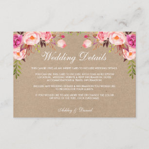 Carte D'accompagnement Kraft Floral Rose Détails du Mariage Insérer une c