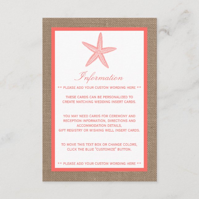 Carte D'accompagnement La collection de mariages de Coral Starfish Burlap (Devant)
