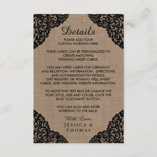 Carte D'accompagnement La dentelle noire sur la collection de Mariages de (Devant)