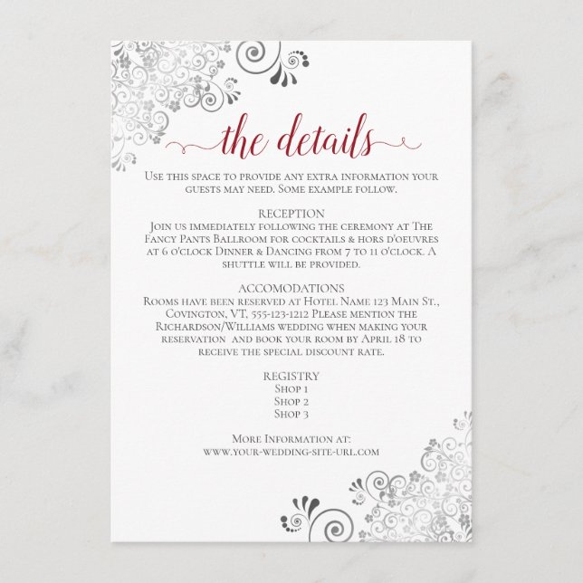 Carte D'accompagnement Lacy Silver Red Calligraphy White Mariage Détails (Devant)