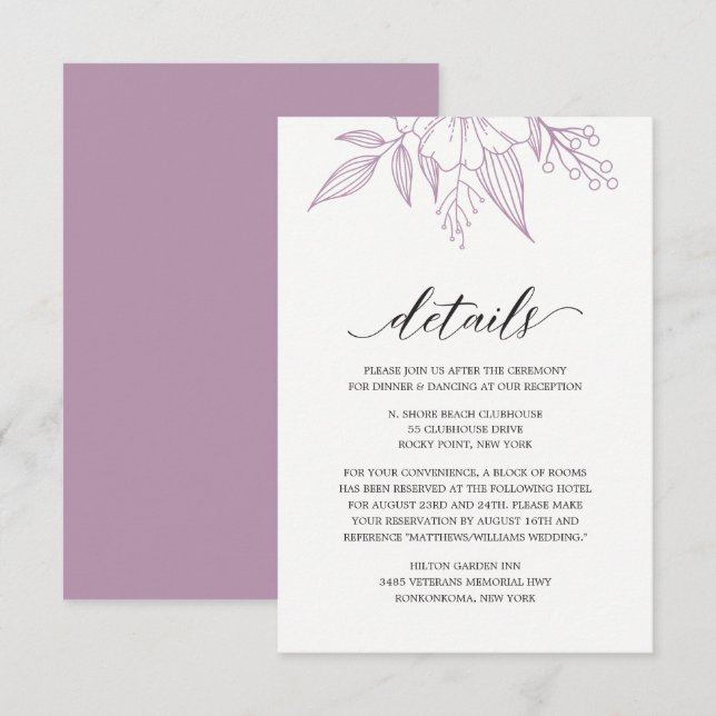 Carte D'accompagnement Lavande de Mariage floral simple et élégant (Devant / Derrière)