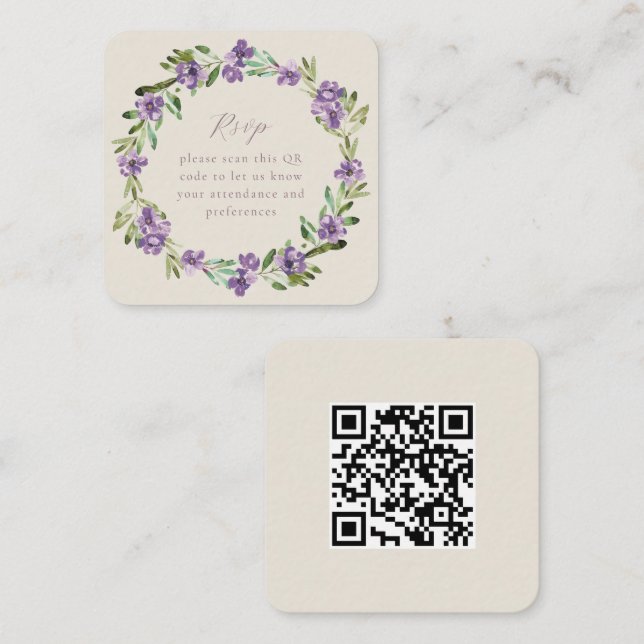 Carte D'accompagnement Lavande Purple Wreath Botanique QR Code RSVP (Devant / Derrière)
