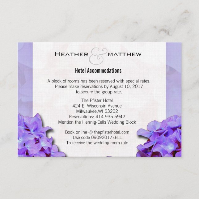 Carte D'accompagnement Lavander Hydrangeas Réservations De Chambre (Devant)