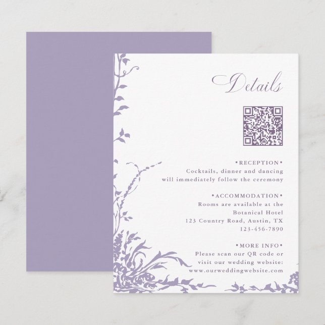 Carte D'accompagnement Lavender Botanical Wedding QR Code Details (Devant / Derrière)