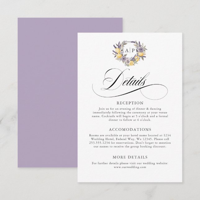 Carte D'accompagnement Lavender Lemon Monogram Floral Crest Détails (Devant / Derrière)