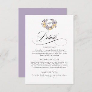 Carte D'accompagnement Lavender Lemon Monogram Floral Crest Détails