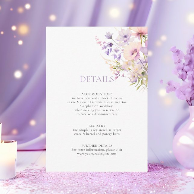 Carte D'accompagnement Lavender Purple Garden Fleurs sauvages DÉTAILS Mar (Lavender Purple Garden WildFlowers DETAILS Wedding Enclosure Card)