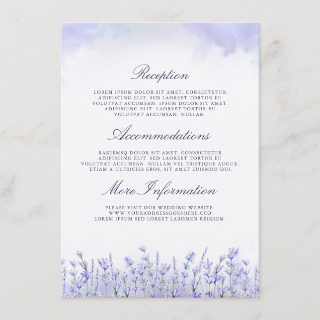 Carte D'accompagnement Lavenders Détails du Mariage Information Invité (Devant)