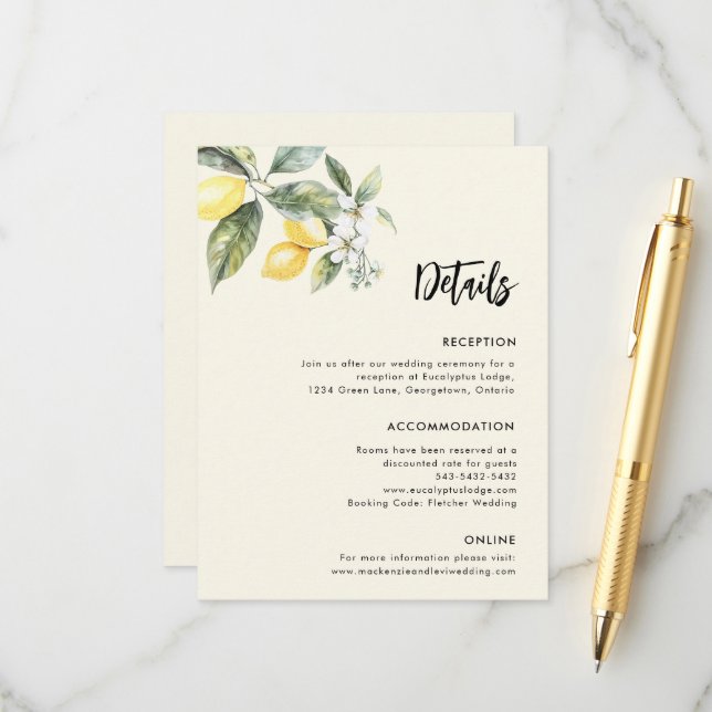 Carte D'accompagnement Lemon Garden Wedding Détails Fiche simple de clôtu (Devant/Arrière en situation)
