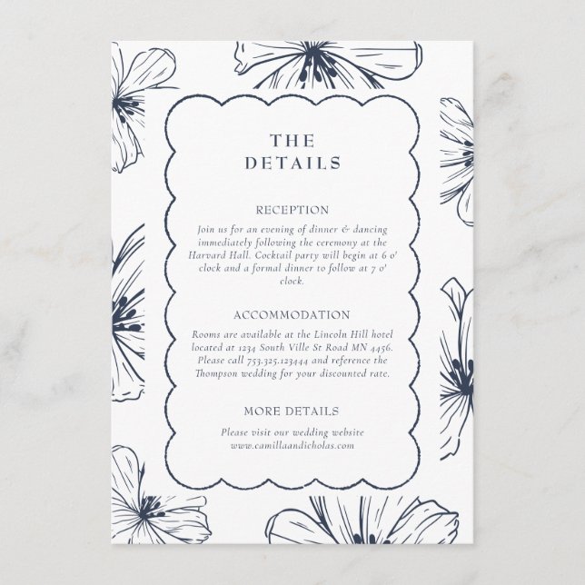 Carte D'accompagnement Les détails | Mariage de motifs floraux à lignes b (Devant)
