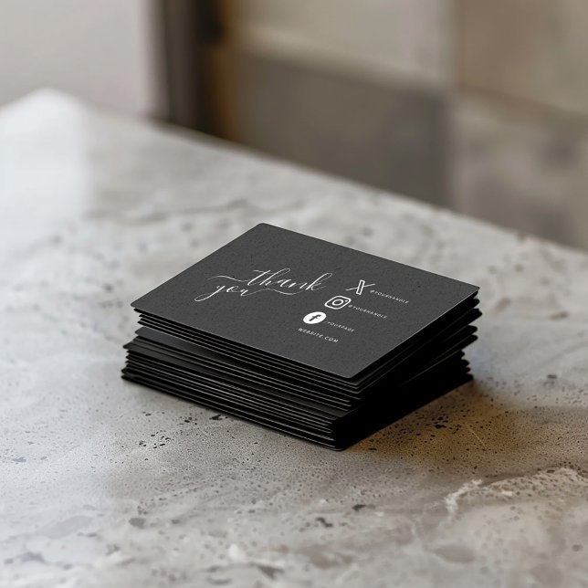 Carte D'accompagnement Les icônes des médias sociaux blancs remercient (Black insert card with "thank you" script and white social media icons, message and QR code.)