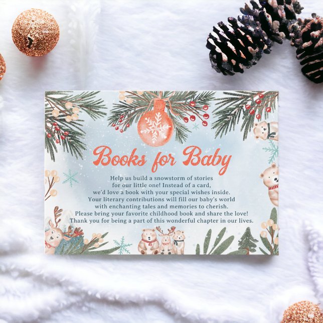 Carte D'accompagnement Les mignons animaux baby shower des livres de Noël (Cute Animals Winter Christmas books baby shower Enclosure Card)