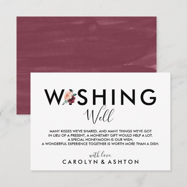 Carte D'accompagnement Lettres de fleurs | Maroon Mariage Wishing well (Devant / Derrière)