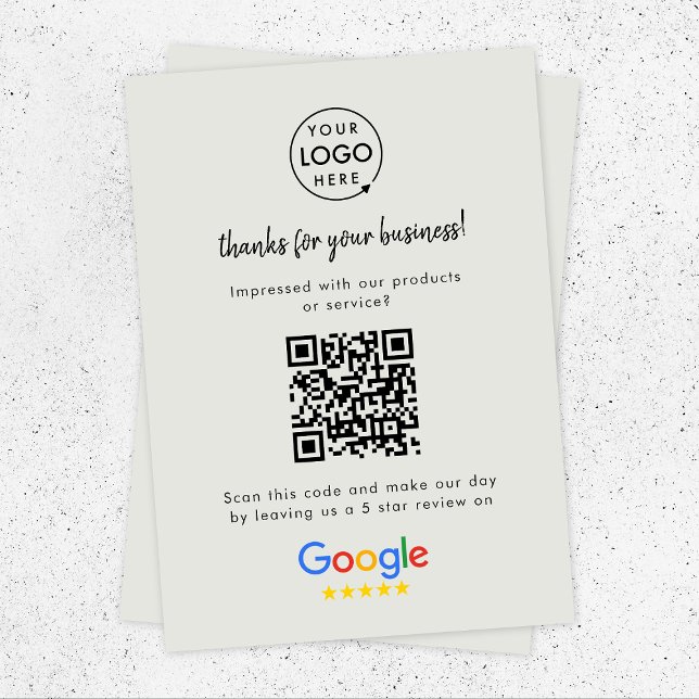 Carte D'accompagnement Lien Google Review | QR Code Gris Business Reviews (Google Review interactive QR code enclosure cards branded with your company logo.)