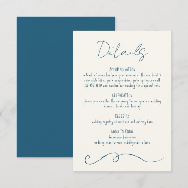 Carte D'accompagnement Ligne à griffes dessinée à la main Mariage bleu co (Devant / Derrière)