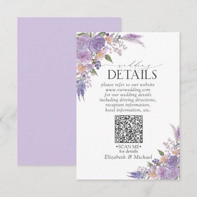 Carte D'accompagnement Lilac Lavender Mauve Floral QRCode Détails du Mari (Devant / Derrière)