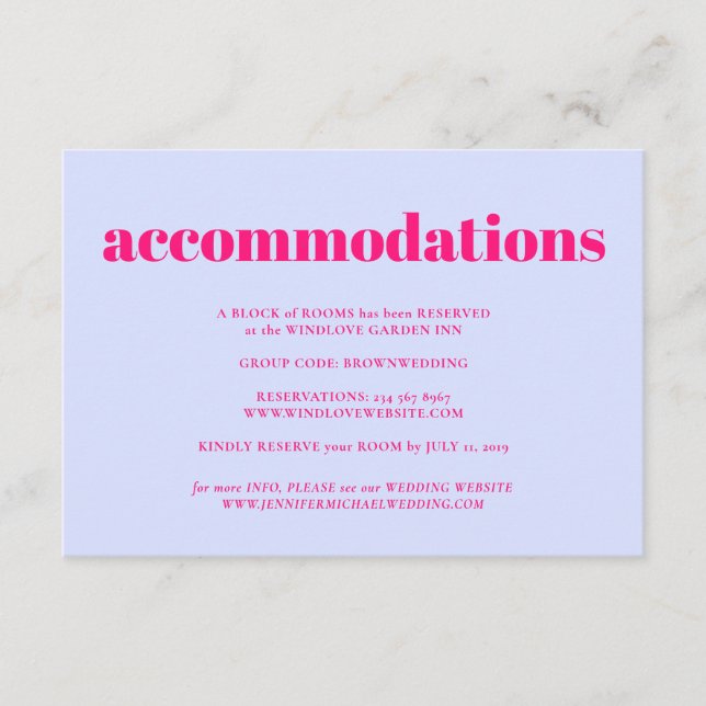 Carte D'accompagnement Lilac Pink Minimalist Wedding Accommodations (Devant)
