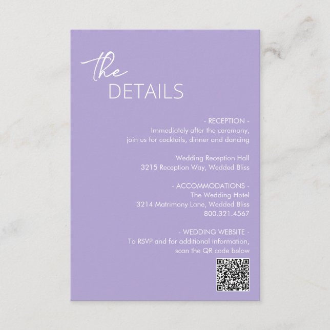 Carte D'accompagnement Lilac QR Code minimum Mariage moderne (Devant)