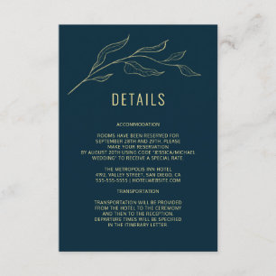 Carte D'accompagnement Line Art Feuille Deep Blue Elegant Wedding Détails