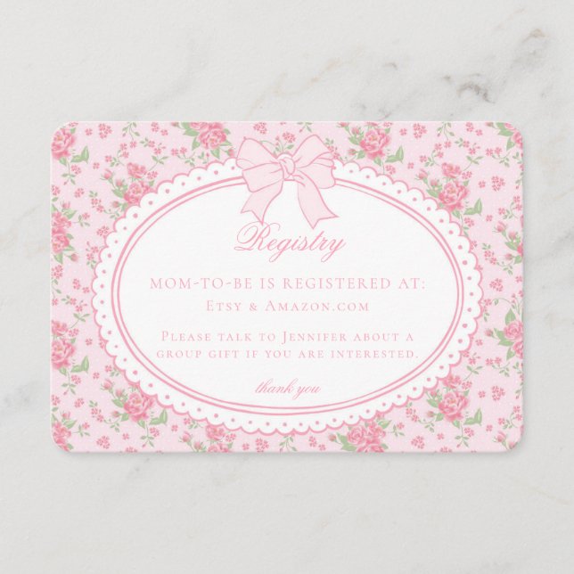 Carte D'accompagnement Liste de naissance bébé fleurs vintage rose et bla (Devant)