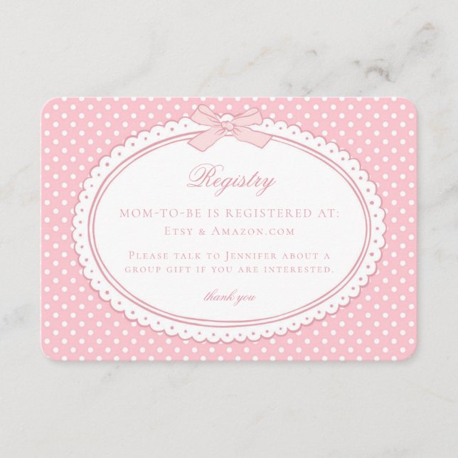 Carte D'accompagnement Liste de naissance Coquette à ruban en vichy rose (Devant)