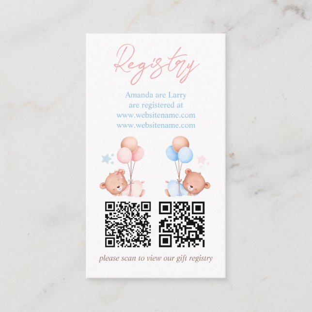 Carte D'accompagnement Liste de naissance pour jumeaux garçon fille Ourso (Devant)