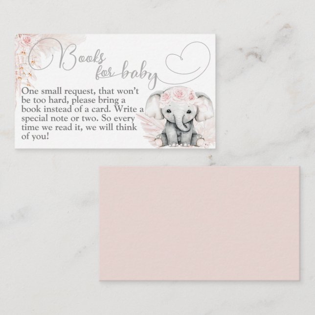 Carte D'accompagnement Livre de Baby Shower Bohème Fleur Rose Éléphant (Devant / Derrière)